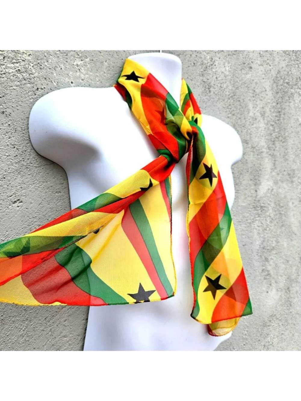 Ghana Flag Colors Rectangular Scarf Yellow Green Red Black Stars Polyester 54x13